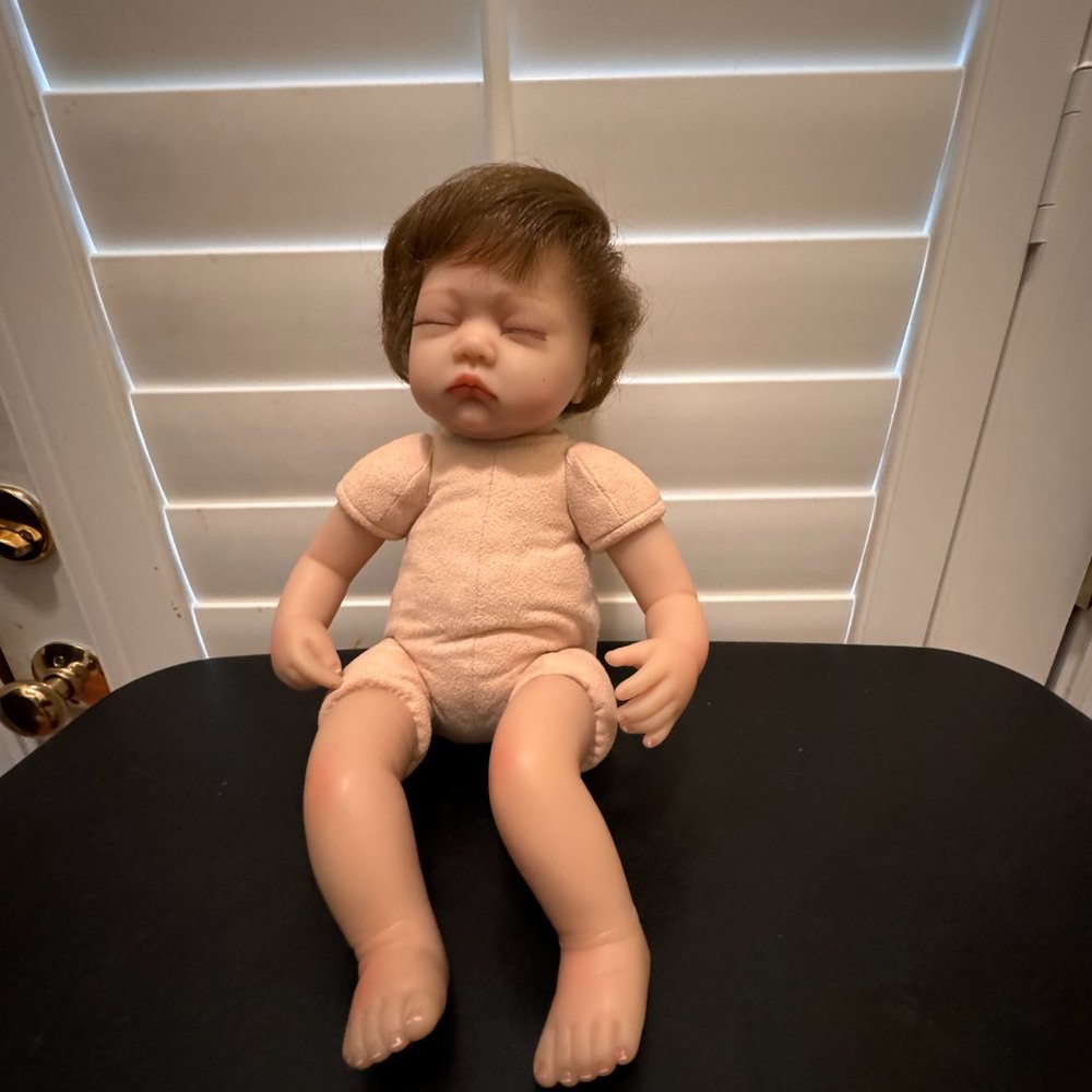 Reborn baby doll sleeping with brown plugged hair 18" vinyl soft limbs
